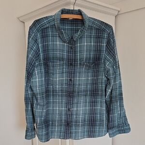 L.L. Bean Womens XL Flannel Field Shirt Teal Plaid Casual Pockets 100% Cotton